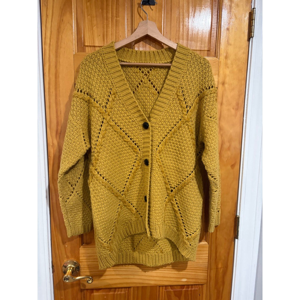 Anne Fontaine Mustard Chunky Knit Openwork Cardigan Sweater